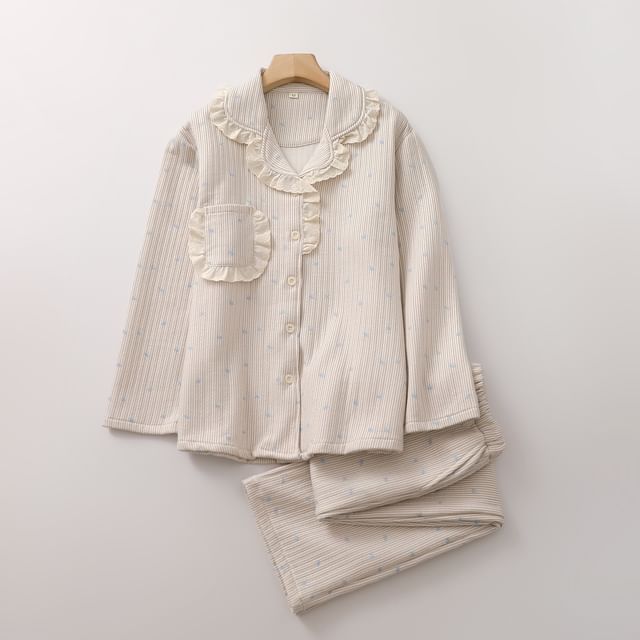Dazzli-Pajama Set Long-Sleeve Collared Top Pants
