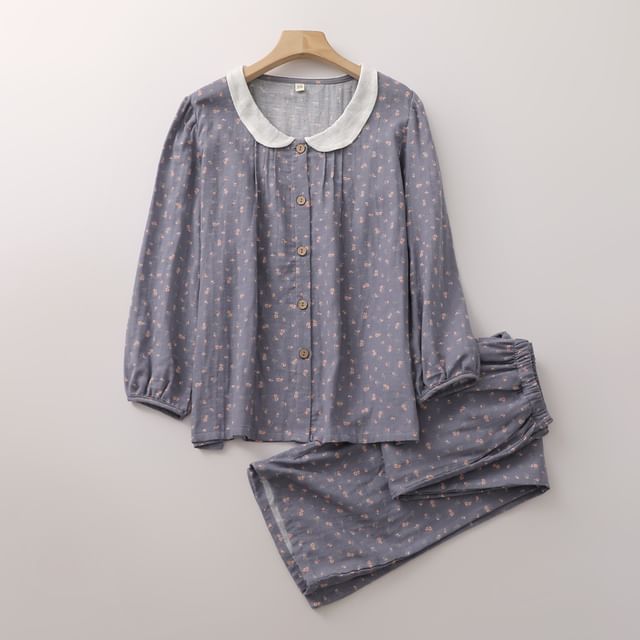 Dazzli-Pajama Set Long-Sleeve Collared Top Pants