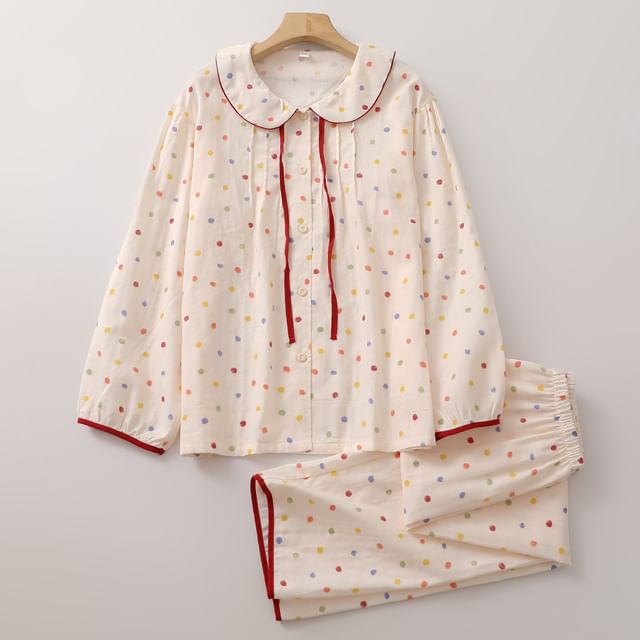 Dazzli-Pajama Set Long-Sleeve Dotted Top Pants