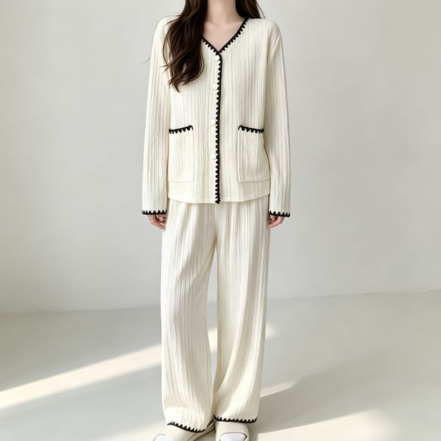 Dazzli-Pajama Set Long-Sleeve Embroidered Trim Plain Padded Button-Up Top Pants