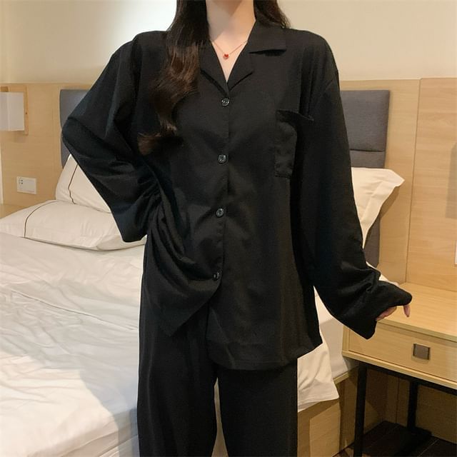 Dazzli-Pajama Set Long-Sleeve Lapel Collar Plain Button Top Pants