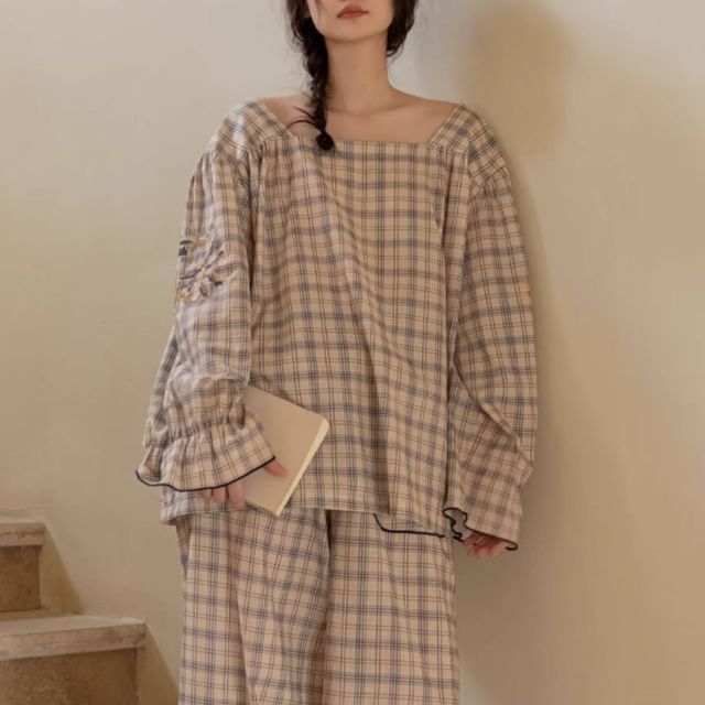 Dazzli-Pajama Set Long-Sleeve Plaid Top Pants