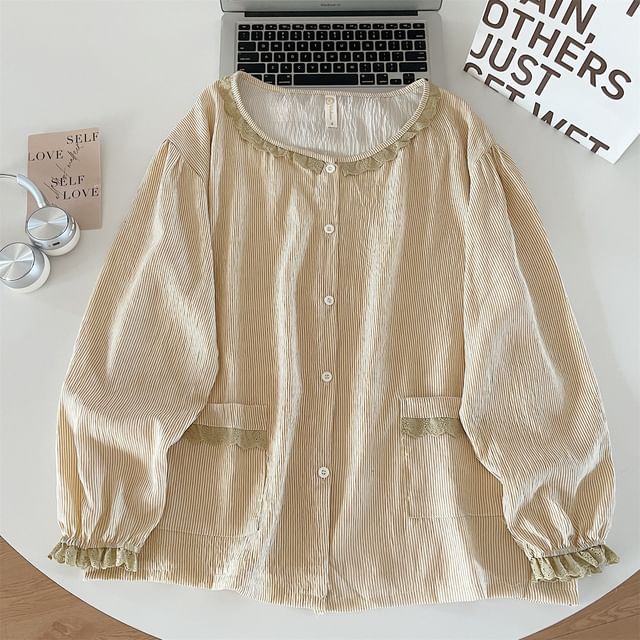 Dazzli-Pajama Set Long-Sleeve Round Neck Striped Frill Trim Button Top Pants