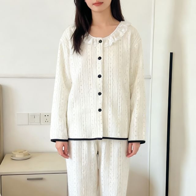 Dazzli-Pajama Set Long-Sleeve Ruffle Trim Top Pants