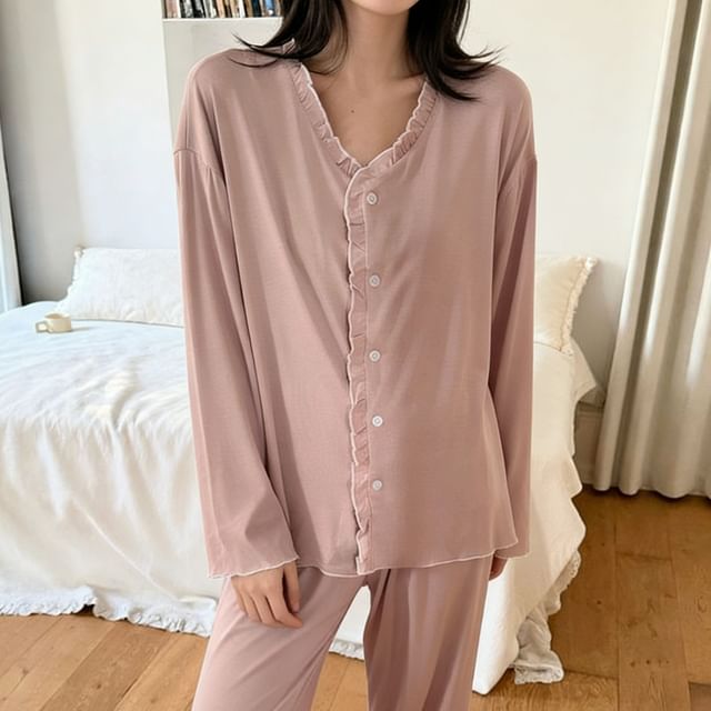 Dazzli-Pajama Set Long Sleeve V-Neck Plain Ruffle Button Top Elastic Waist Straight Leg Pants