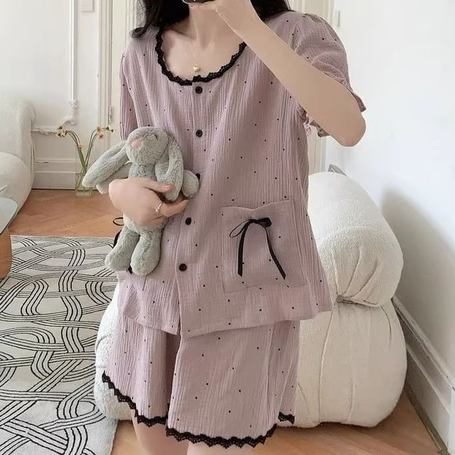 Dazzli-Pajama Set Short-Sleeve Dotted Top Shorts