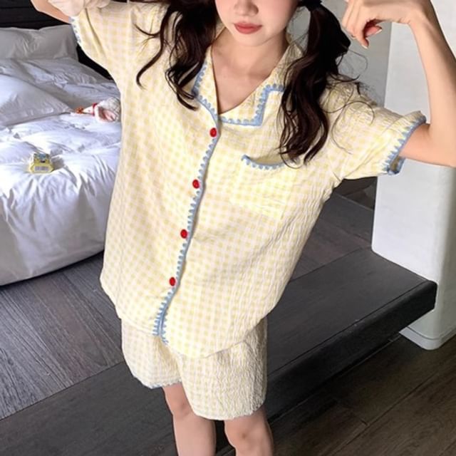 Dazzli-Pajama Set Short-Sleeve Lapel Collar Gingham Button Top Lounge Shorts