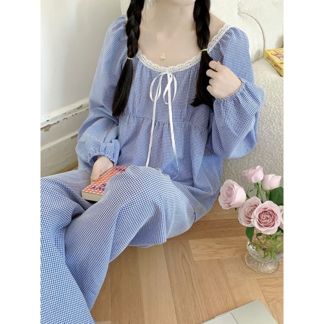 Dazzli-Scoop Neck Plaid Pajama Set