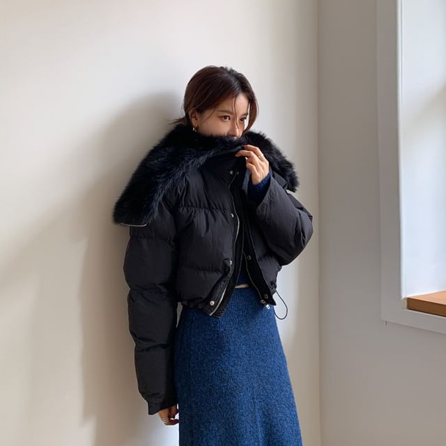 DEEPNY-Eco-Fur Hood Crop Puffer Jacket
