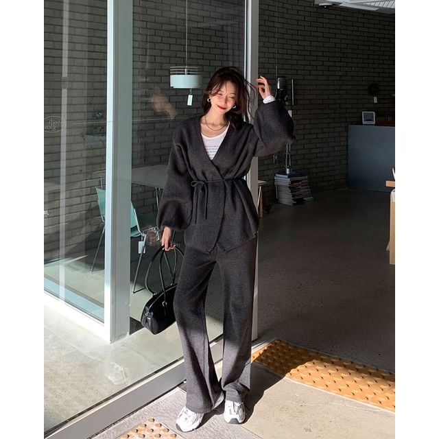 DEEPNY-Knit Set Surplice-Wrap Top Straight-Leg Pants