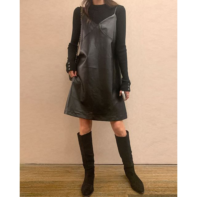 DEEPNY-Spaghetti-Strap Pleather Dress