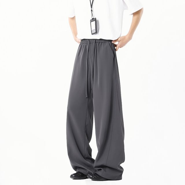 Deepwood-Drawstring Waist Plain Wide Leg Pants