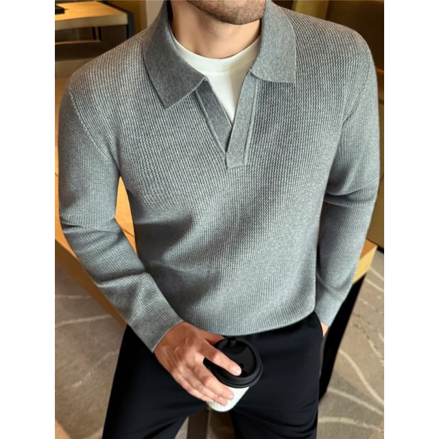 Deepwood-Drop Shoulder Plain Polo Sweater
