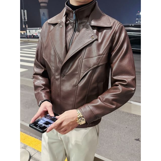 Deepwood-Lapel Collar Faux Leather Zip Jacket