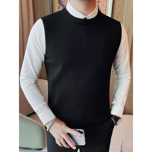 Deepwood-Long Sleeve Collared Mock Two Piece Fleece-Lined Panel Knit Shirt