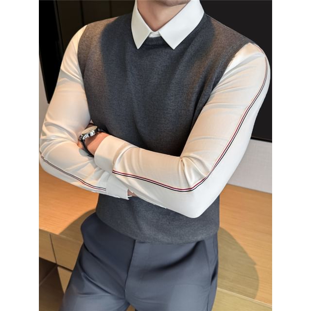 Deepwood-Long-Sleeve Collared Mock Two Piece Knit Top