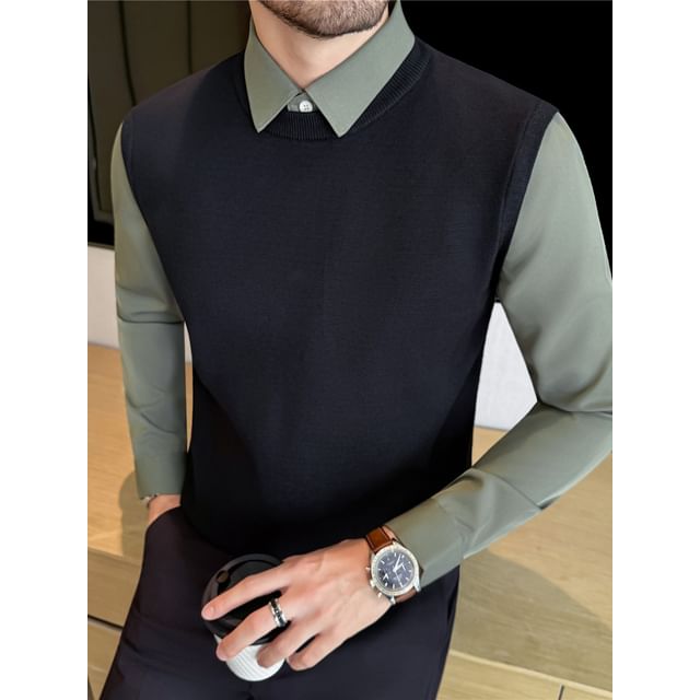 Deepwood-Long Sleeve Collared Mock Two Piece Panel Knit Shirt