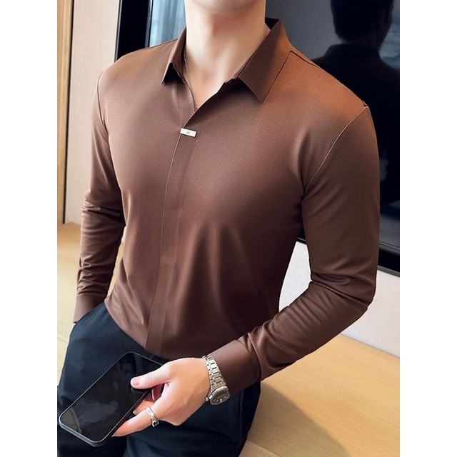 Deepwood-Long-Sleeve Collared Plain Button Up Shirt