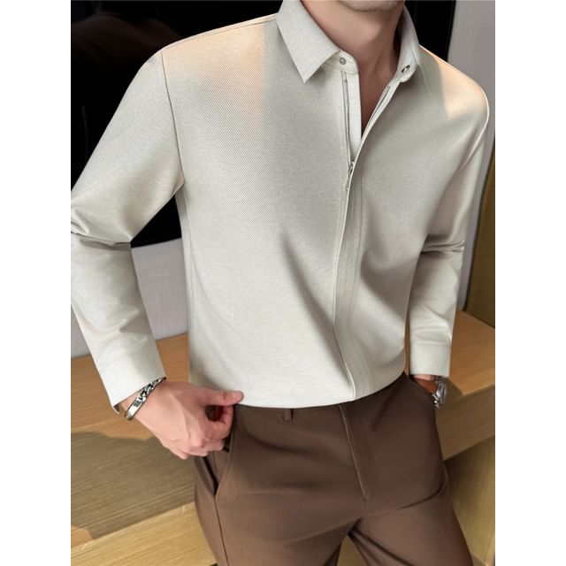 Deepwood-Long-Sleeve Collared Plain Zip Shirt