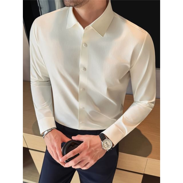 Deepwood-Long-Sleeve Plain Button-Up Shirt