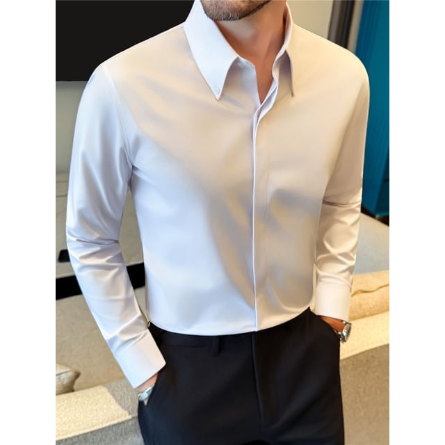 Deepwood-Long-Sleeve Plain Button-Up Shirt