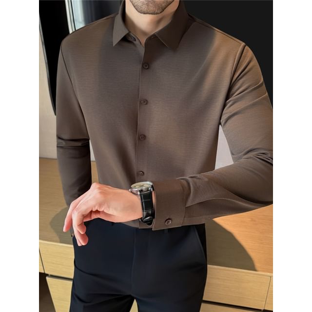 Deepwood-Long-Sleeve Plain Button-Up Shirt