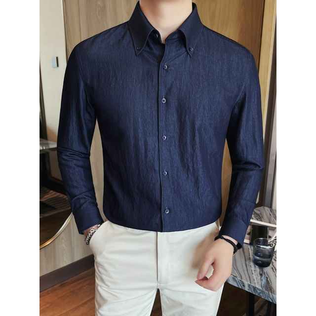 Deepwood-Long-Sleeve Plain Button-Up Shirt
