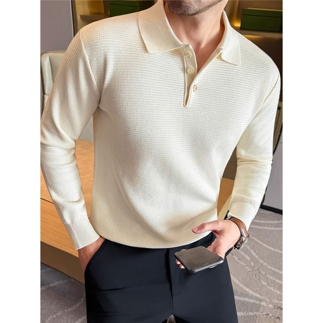 Deepwood-Long-Sleeve Plain Polo Sweater