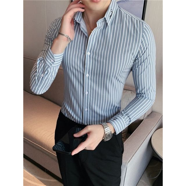 Deepwood-Long-Sleeve Striped Button-Up Shirt