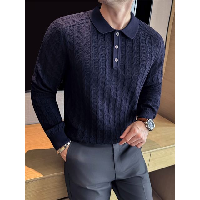 Deepwood-Plain Cable Knit Polo Sweater