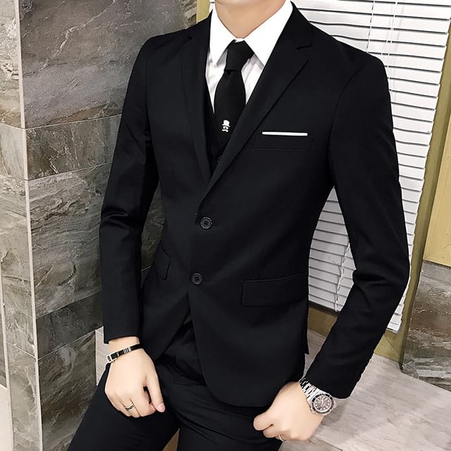 Deepwood-Set Notch Lapel Contrast Trim Single-Breasted Blazer Mid Rise Straight Leg Dress Pants V-Neck Vest