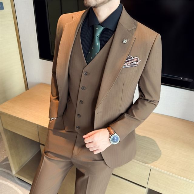 Deepwood-Set Notch Lapel One-Buttoned Plain Blazer Mid Rise Straight Leg Dress Pants V-Neck Vest