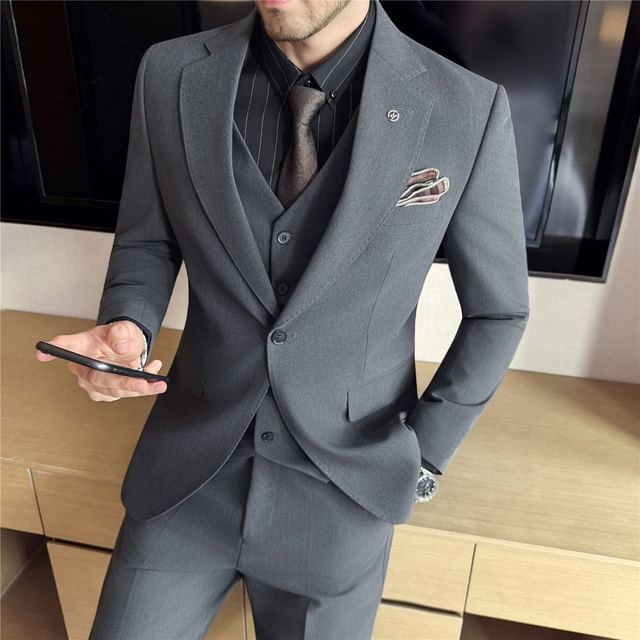 Deepwood-Set Notch Lapel One-Buttoned Plain Blazer Mid Rise Straight Leg Dress Pants V-Neck Vest