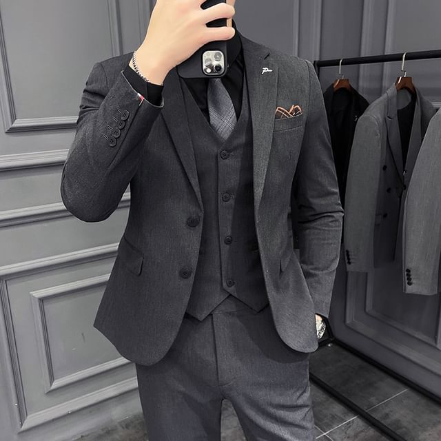 Deepwood-Set Notch Lapel Single-Breasted Plain Blazer Mid Rise Cropped Straight Leg Dress Pants V-Neck Vest