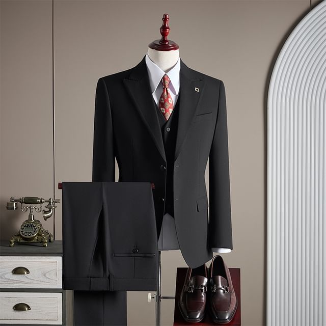 Deepwood-Set Peak Lapel Single-Breasted Plain Blazer Mid Rise Straight Leg Dress Pants V-Neck Vest