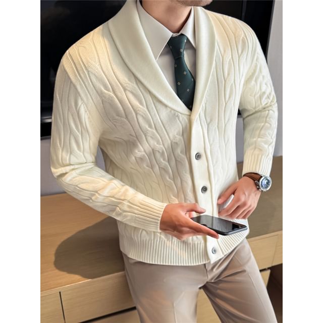 Deepwood-Shawl Collar Plain Cable Knit Cardigan