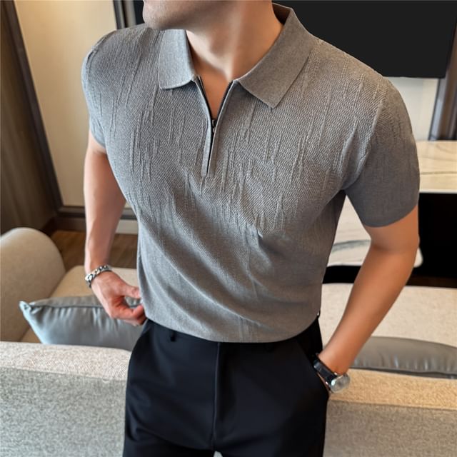 Deepwood-Short-Sleeve Collared Plain Zip Polo Shirt