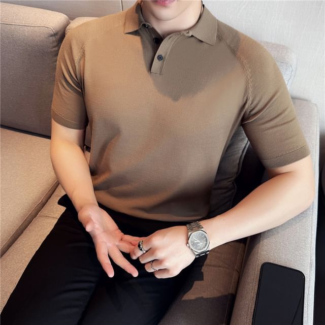 Deepwood-Short Sleeve Plain Knit Polo Top