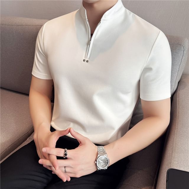 Deepwood-Short Sleeve Stand Collar Plain Half Zip Top