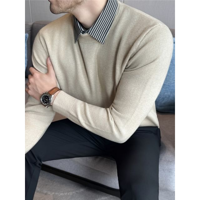 Deepwood-Striped Collar Mock Two Piece Sweater
