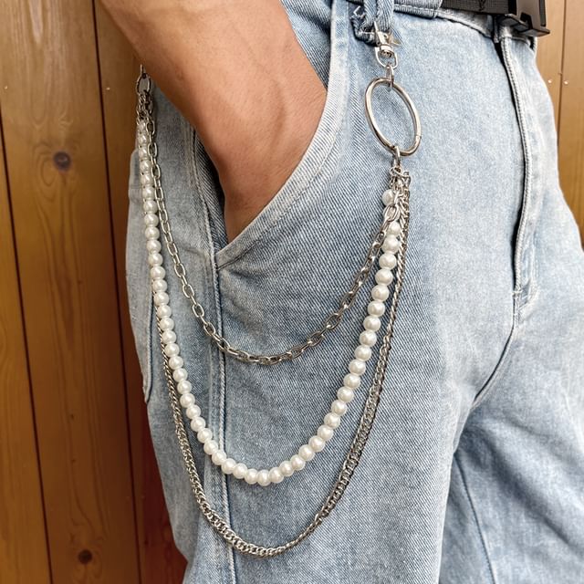DenimDrip-Faux Pearl Pants Chain