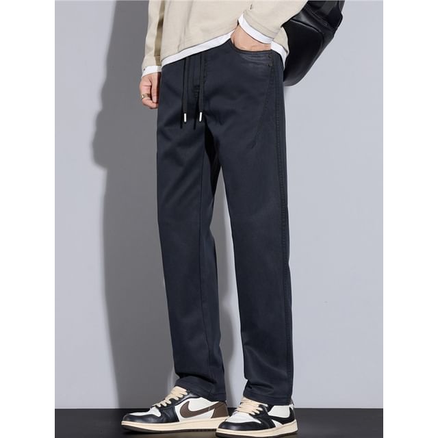 Denimic-Drawstring Waist Plain Slim Fit Pants