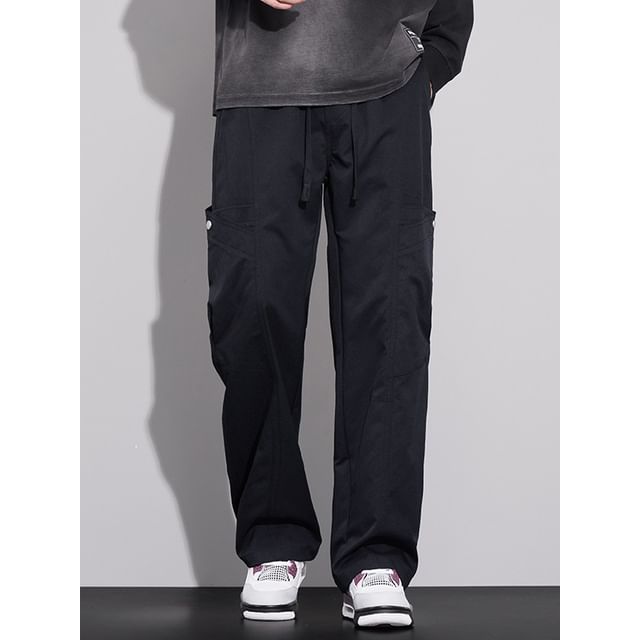 Denimic-Drawstring Waist Plain Straight Leg Pants