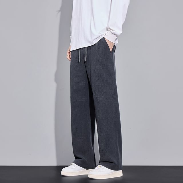 Denimic-Drawstring Waist Plain Wide Leg Pants