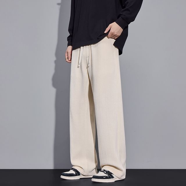 Denimic-Drawstring Waist Plain Wide Leg Pants