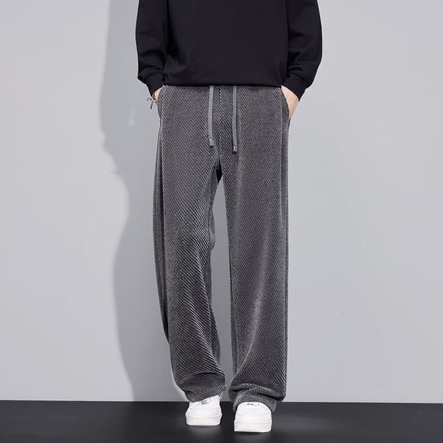 Denimic-Drawstring Waist Plain Wide Leg Sweatpants