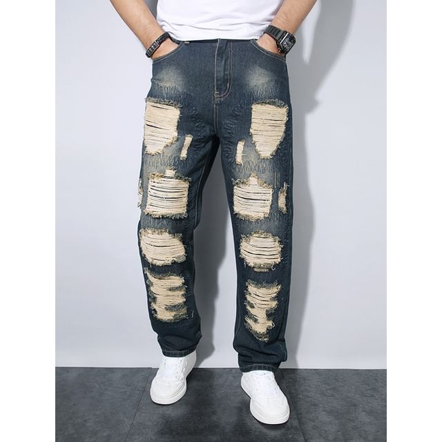 Denimic-Mid Rise Distressed Washed Straight Leg Jeans