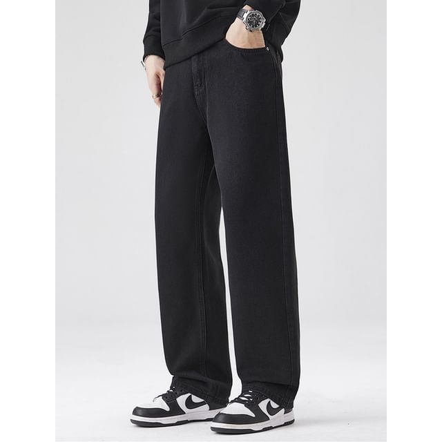 Denimic-Mid Rise Plain Straight Leg Jeans