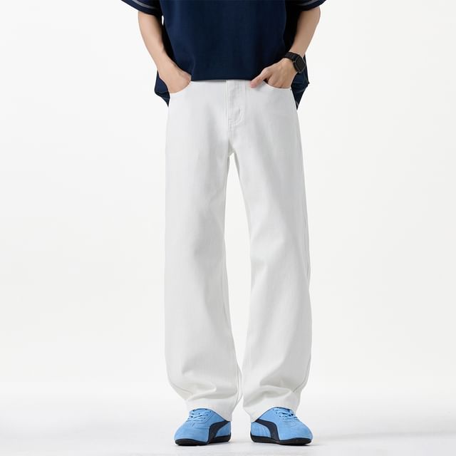 Denimic-Mid Rise Plain Straight Leg Jeans