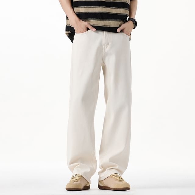 Denimic-Mid Rise Plain Straight Leg Jeans